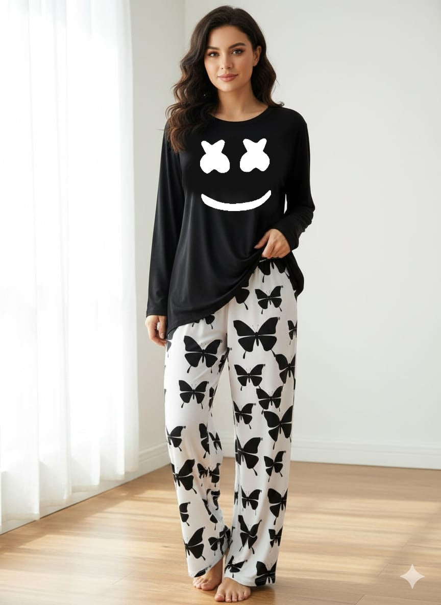 Marshmallow Printed Black Shirt With butterfly Printed Trouser
