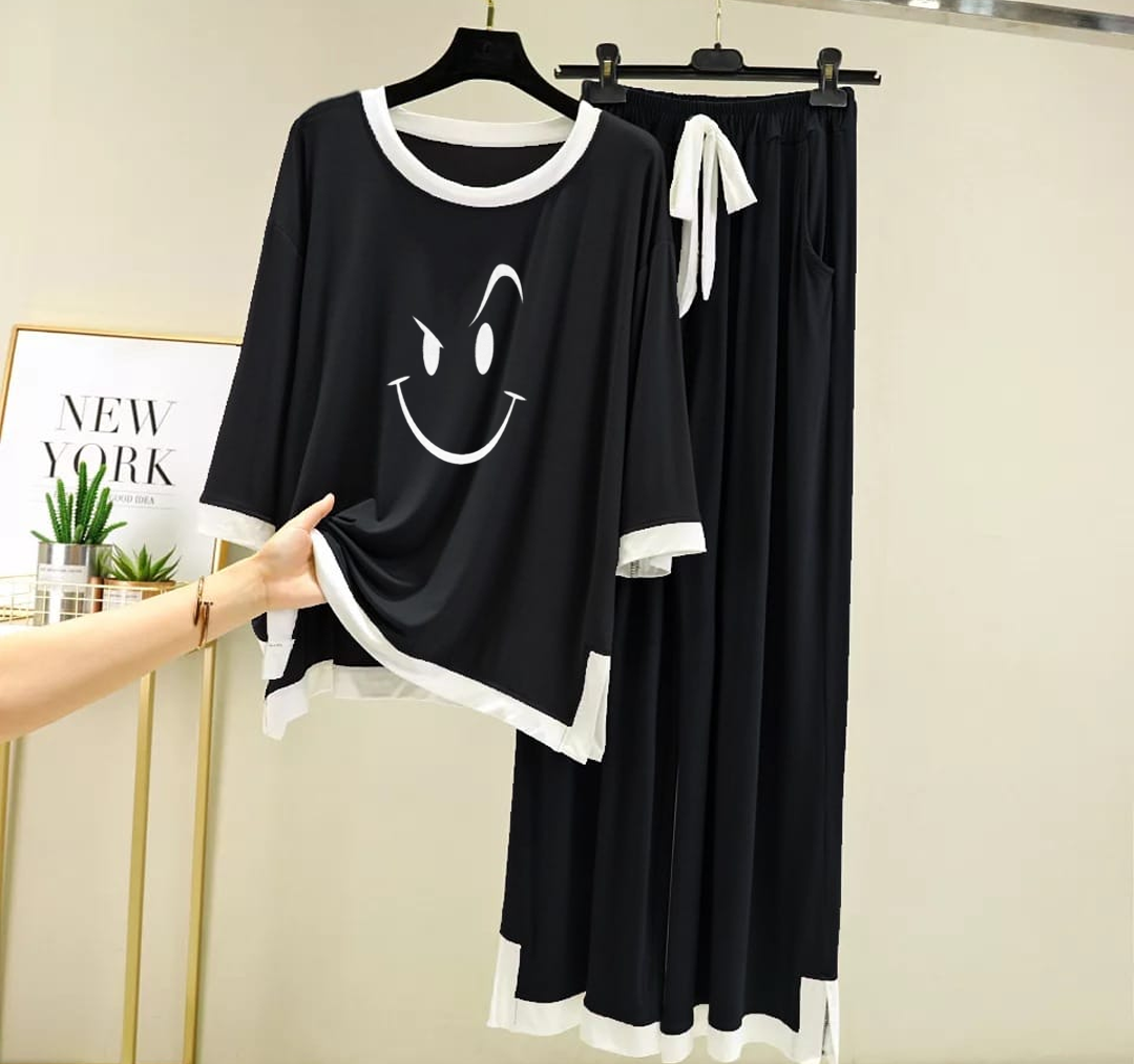 Smile Printed Full Sleeves Black white Border Shirt & Palazzo