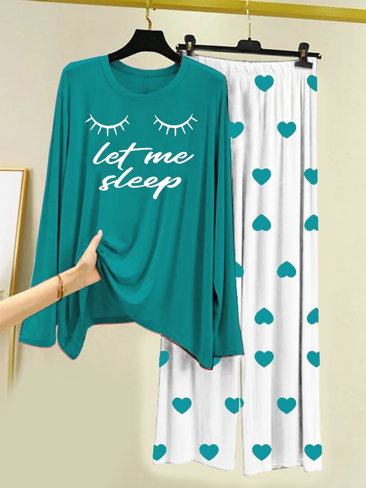 Let Me Sleep Printed Sea Green Shirt With Heart Printed Trouser