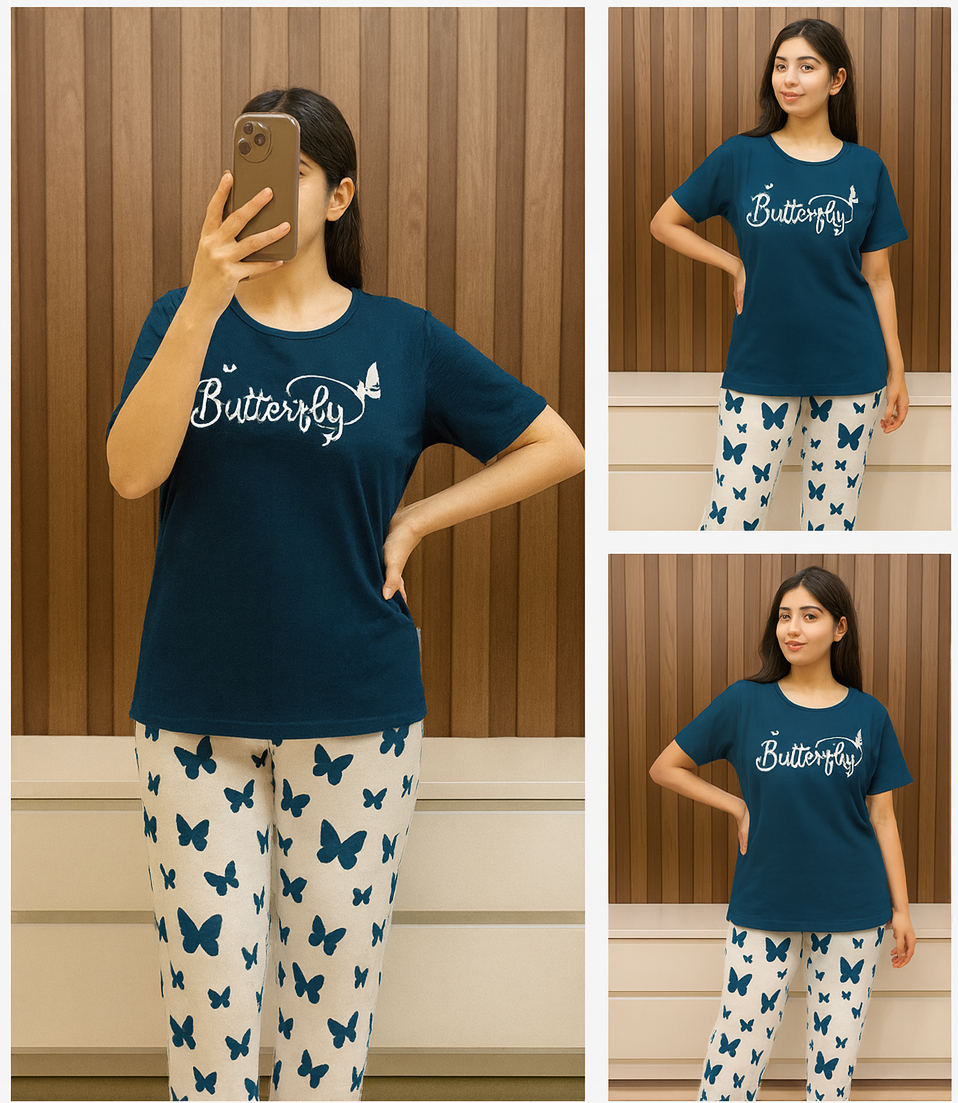 Sailor Blue Butterfly Printed T-Shirt with Butterfly printed trouser Night wear