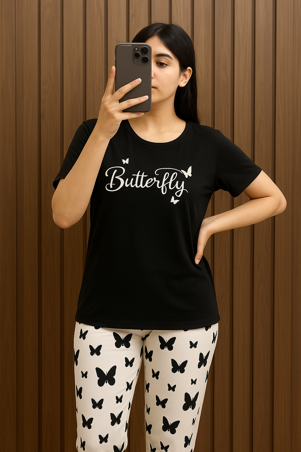 Black Butterfly Printed T-Shirt with Butterfly printed trouser Night wear