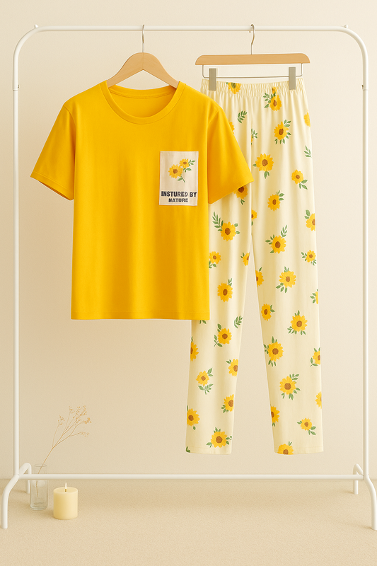 Yellow Flower Printed Pocket Half Sleeves Shirt and White Flower Printed Trouser Night Wear