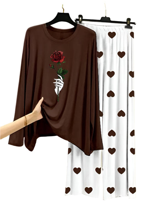 Roses Flower Printed Brown Shirt With Heart Printed Palazzo Nightwear