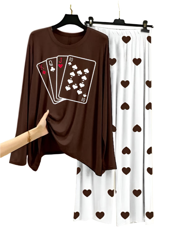 Playing Card Printed Brown Shirt With Heart Printed Trouser