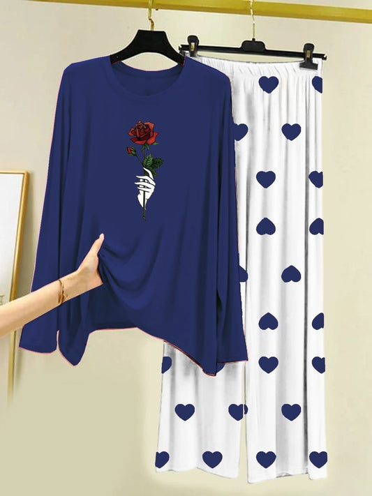 Navy Blue Rose Flower Printed Shirt With Heart Printed Trouser
