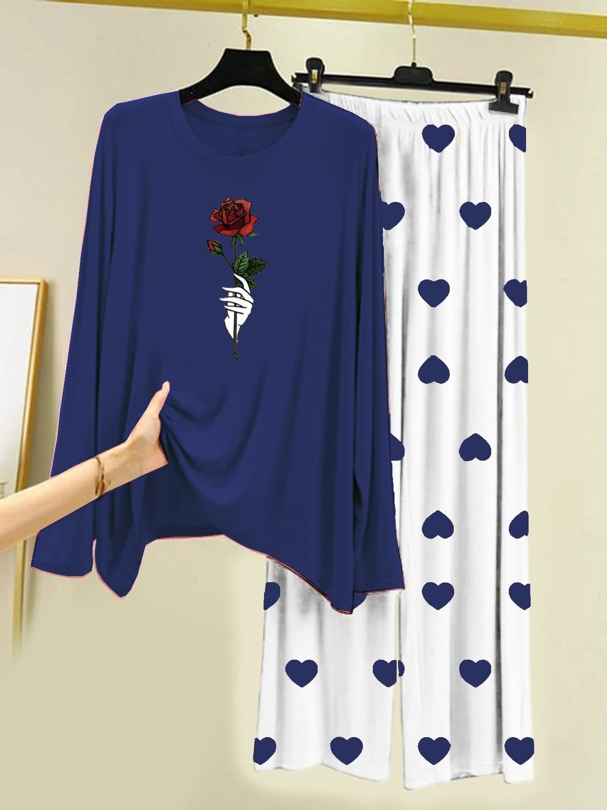 Navy Blue Rose Flower Printed Shirt With Heart Printed Trouser