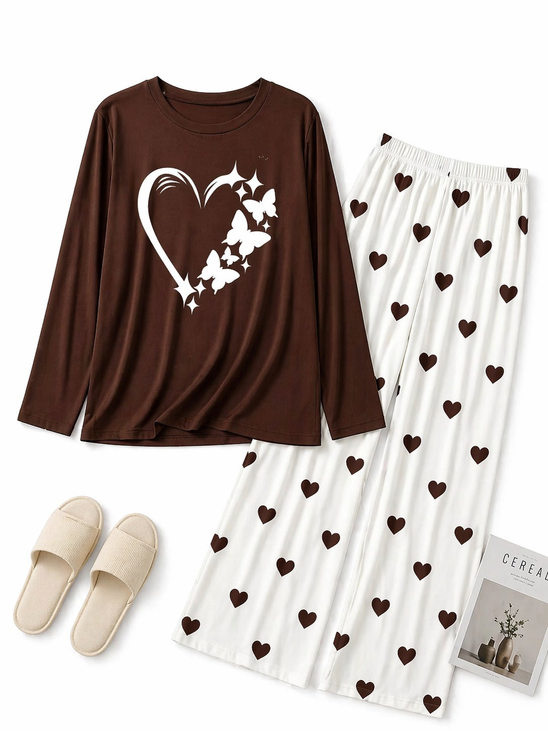 Fluttering Heart Printed Brown Shirt with Heart Printed Palazzo Night Suit