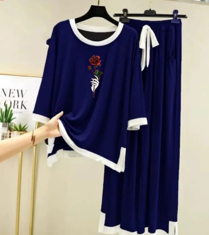 Rose Flower Printed Full Sleeves Navy blue white Border Shirt & Palazzo