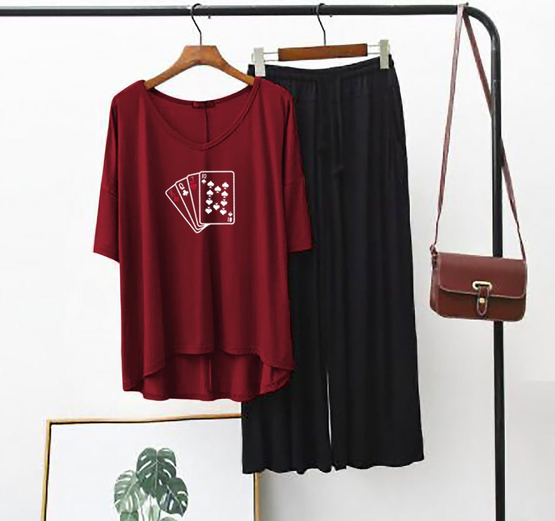 Playing Card Printed Full Sleeves Maroon & Black Shirt & Palazzo
