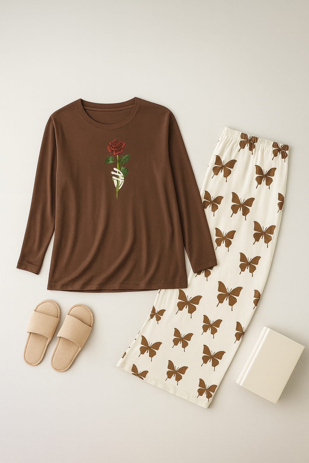 Rose Flower Printed Brown Shirt With butterfly Printed Trouser