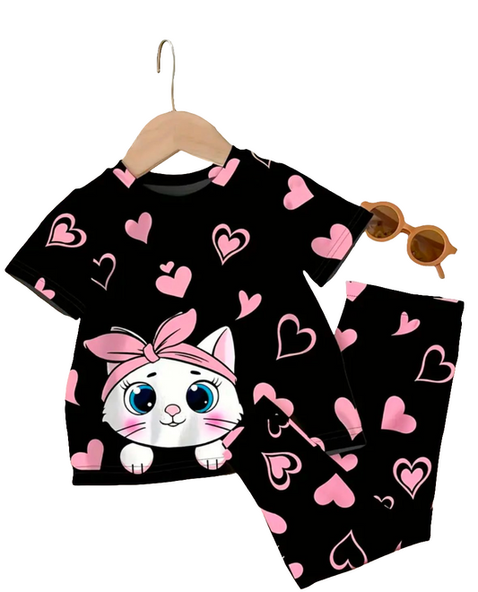 Black Kitty With Pink Hearts Print Kids Night Suit