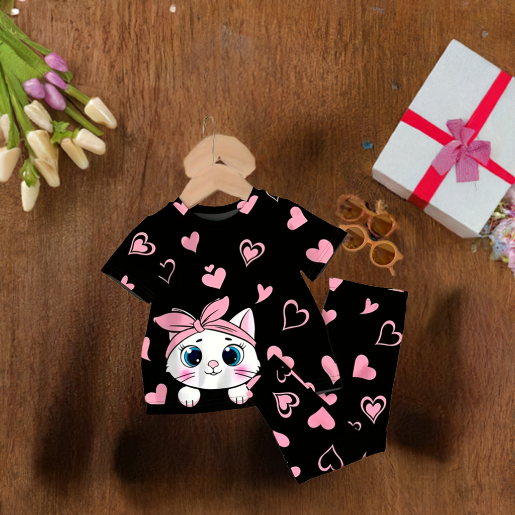 Black Kitty With Pink Hearts Print Kids Night Suit