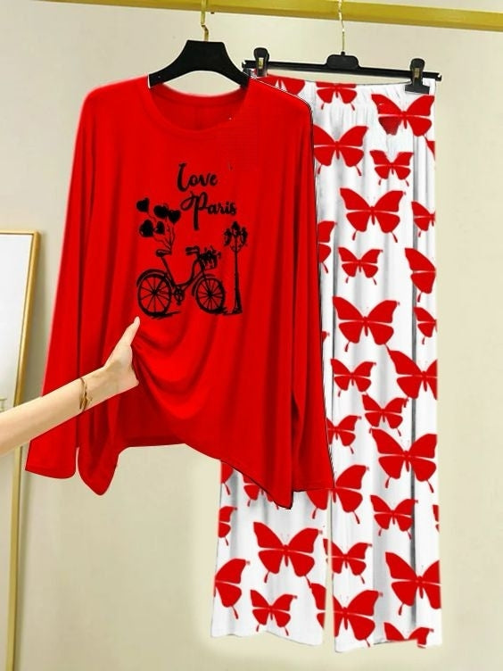Love in Paris Printed Red Shirt with Butterfly Printed Trouser