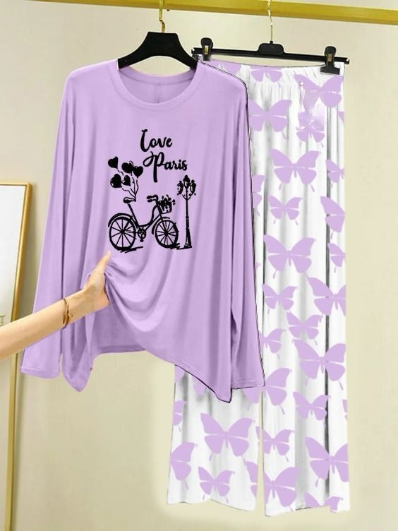 Love in Paris Printed Light Purple Shirt with Butterfly Printed Trouser