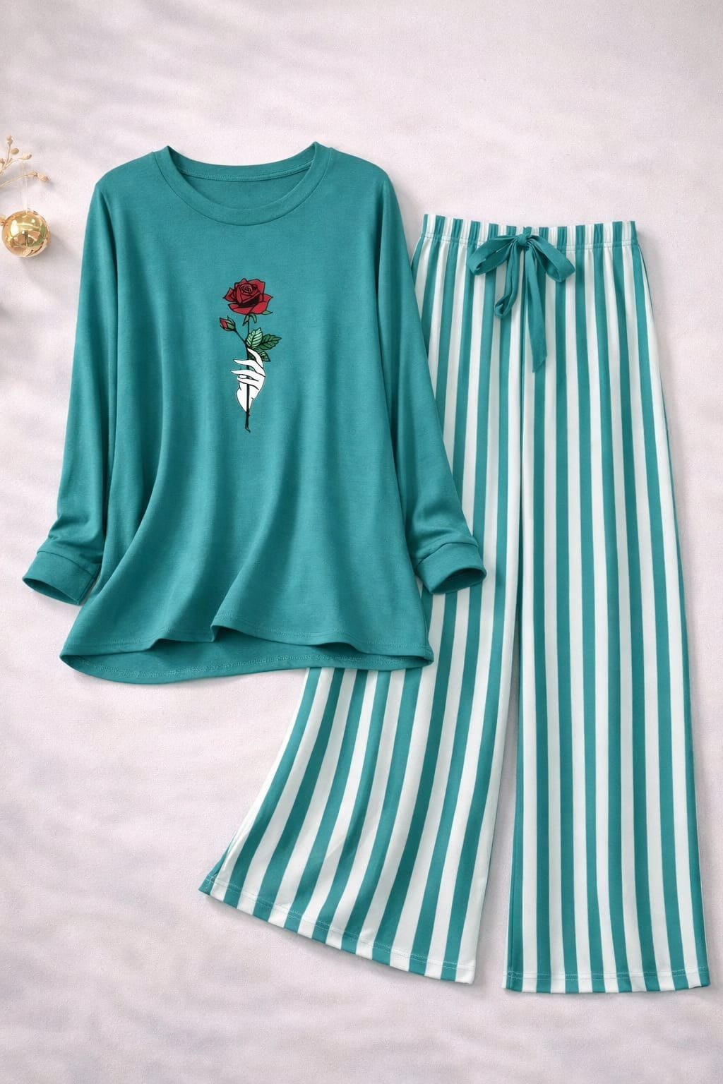 Sea green Rose Flowers Printed Shirt With Lining Palazzo
