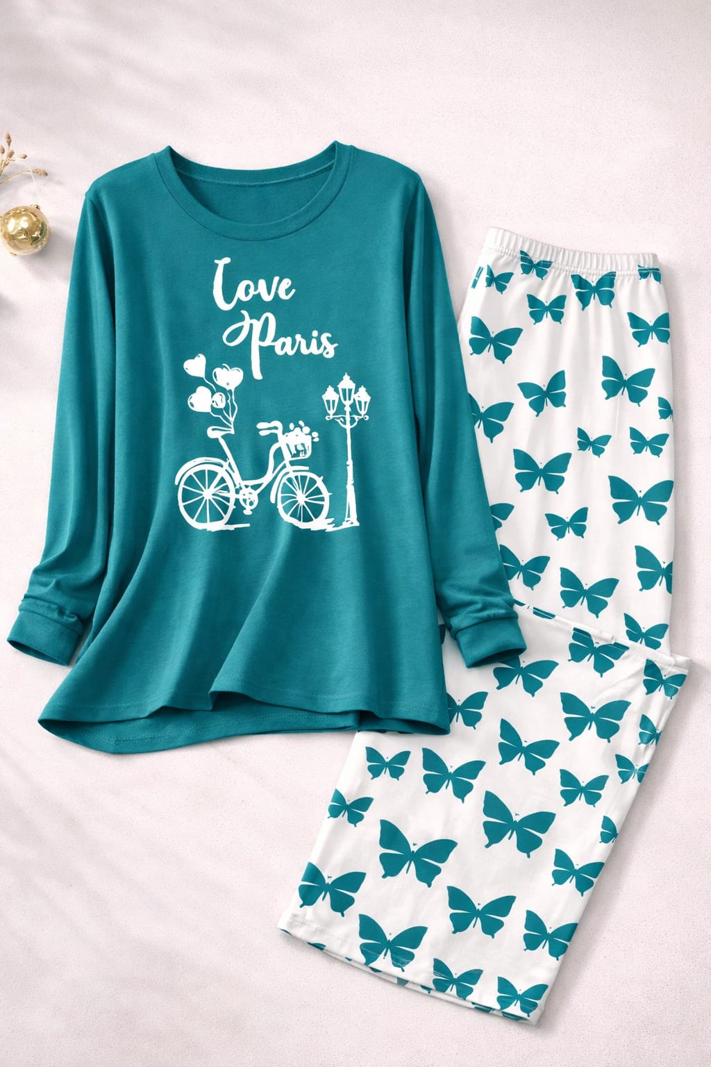 Love Paris Printed Sea Green Shirt With butterfly Printed Palazzo