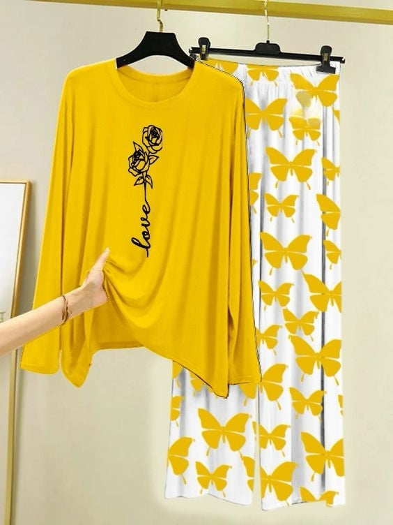 Rose Love Printed Yellow Shirt with Butterfly Printed Trouser