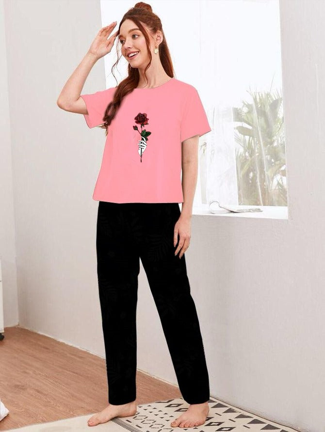 Rose Flower Printed Pink Shirt With Black Trouser