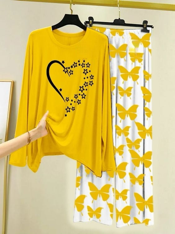 Starlight Heart Printed Yellow Shirt with Butterfly Printed Trouser