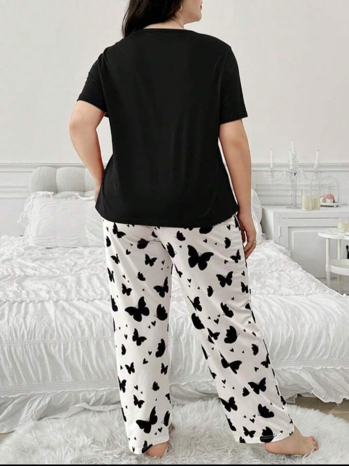 Black Butterfly Printed T-Shirt with Butterfly printed trouser Night wear