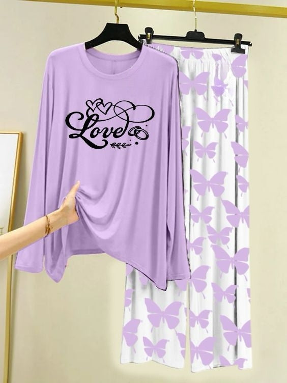 Love Script Printed Light Purple Shirt with Butterfly Printed Trouser