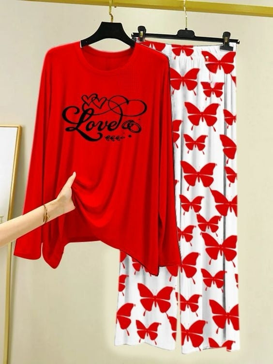 Love Script Printed Red Shirt with Butterfly Printed Trouser