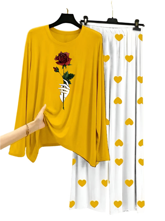 Rose Flower Printed Yellow Shirt With Heart Printed Palazzo