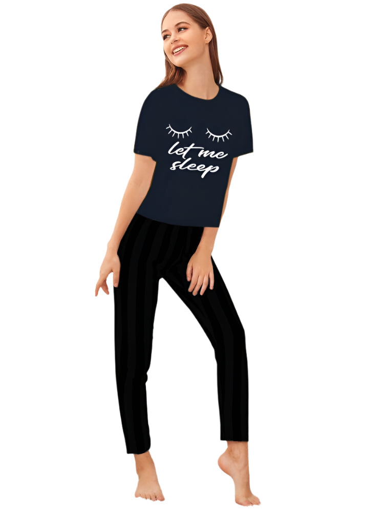 Navy Blue Let Me Sleep Printed half shirt with Black Trouser Nightwear ( PJ'S Night Dress )