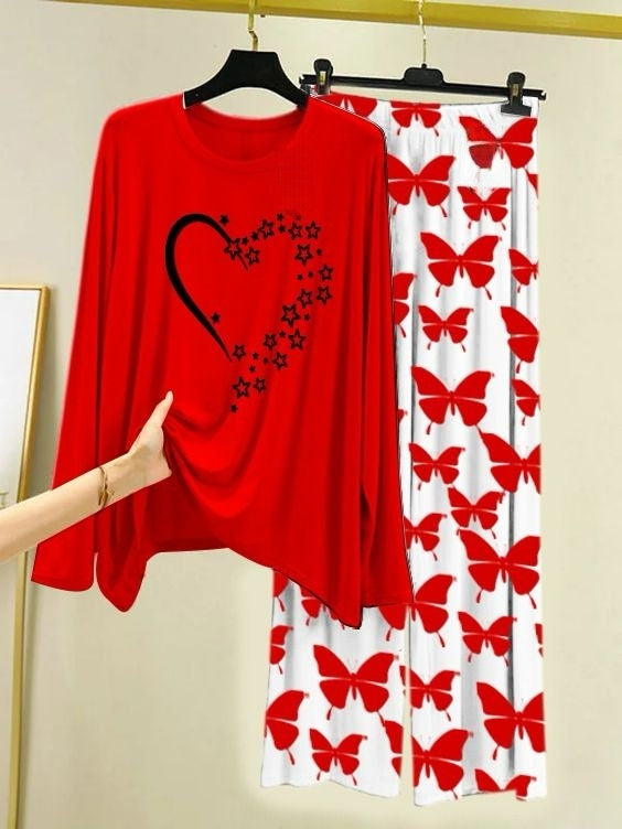 Starlight Heart Printed Red Shirt with Butterfly Printed Trouser