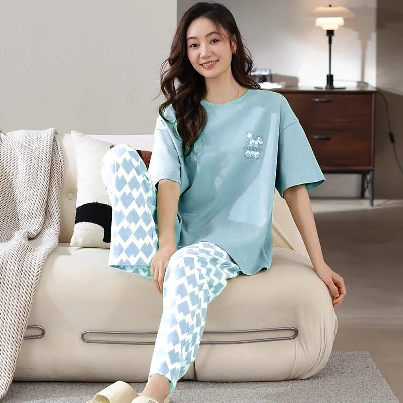 Sky blue motion printed ladies night suit cotton jersey fabric