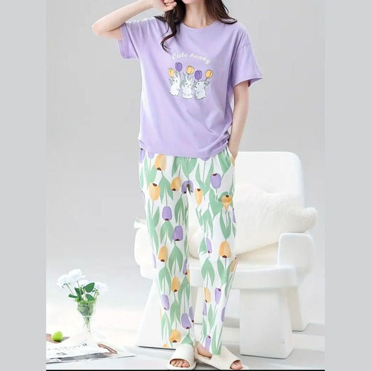 Purple bunny printed ladies night suit cotton jersey fabric