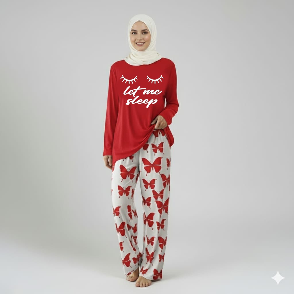 Let me Sleep Printed RED Shirt With butterfly Printed Trouser