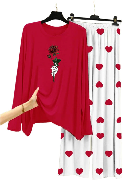 Rose Flower Printed Red Shirt With Heart Printed Trouser