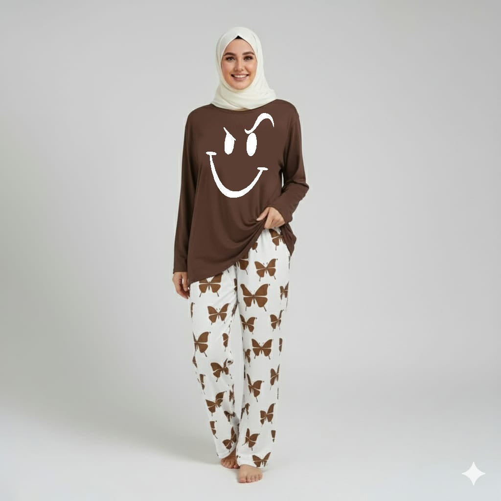 Smile Printed Brown Shirt With butterfly Printed Trouser