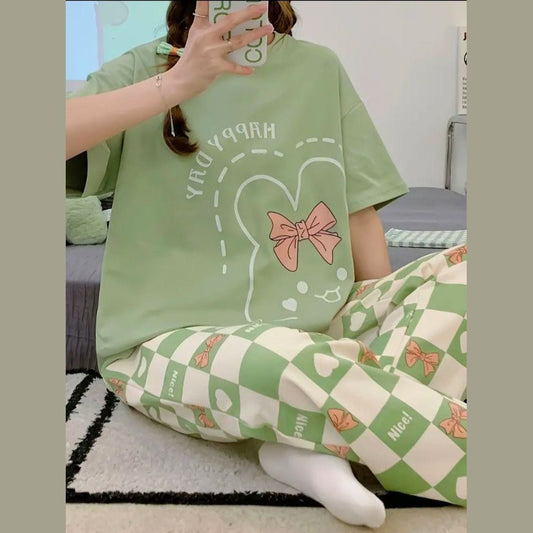 Happy day printed green ladies night suit  cotton jersey fabric