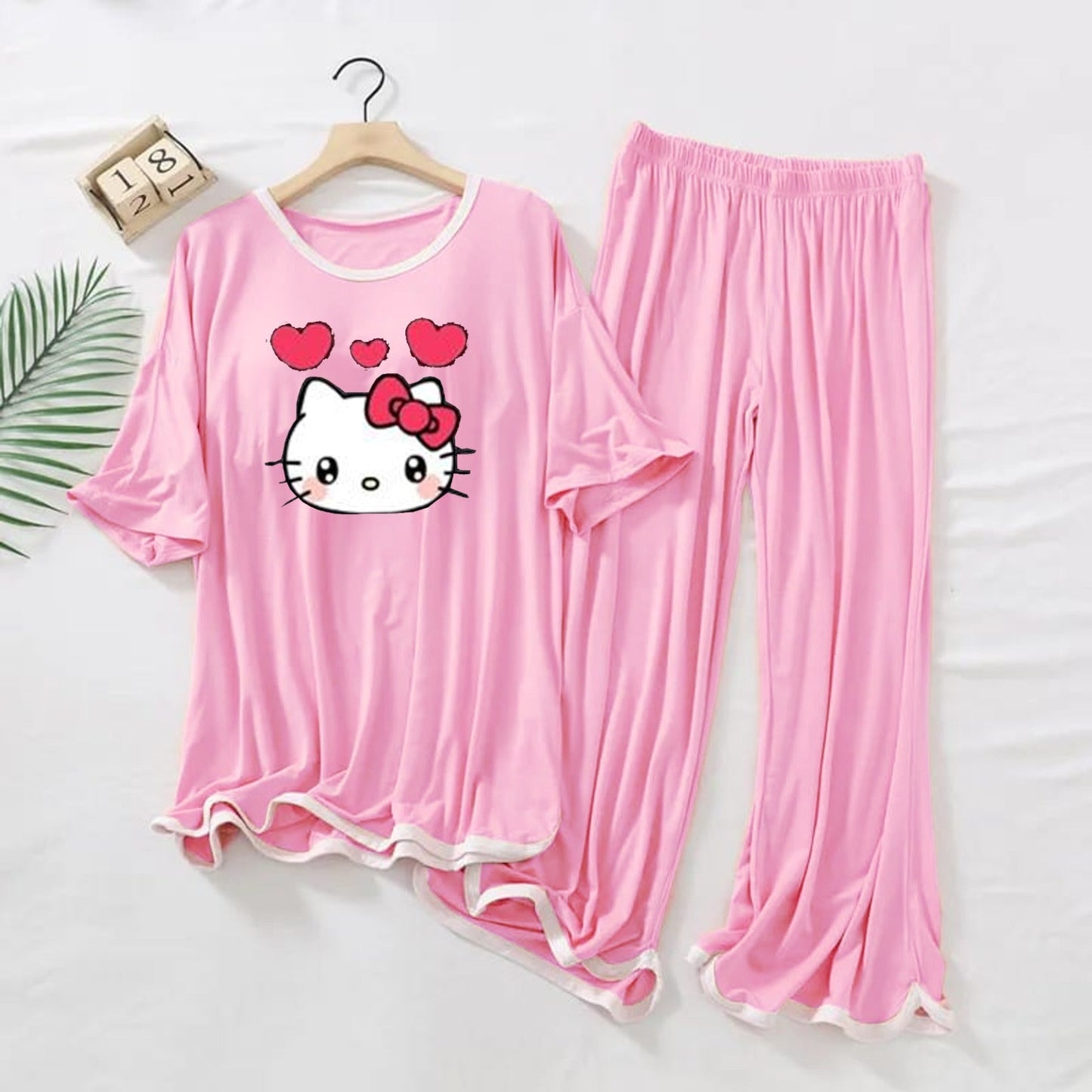 Pink White Border  KITTY Printed Shirt & Palazzo