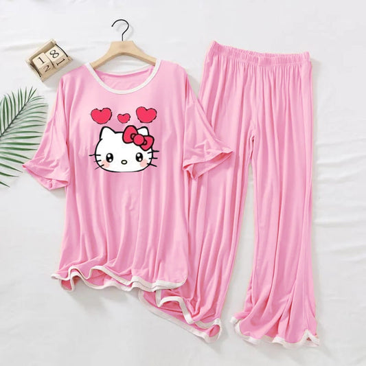 Pink White Border  KITTY Printed Shirt & Palazzo