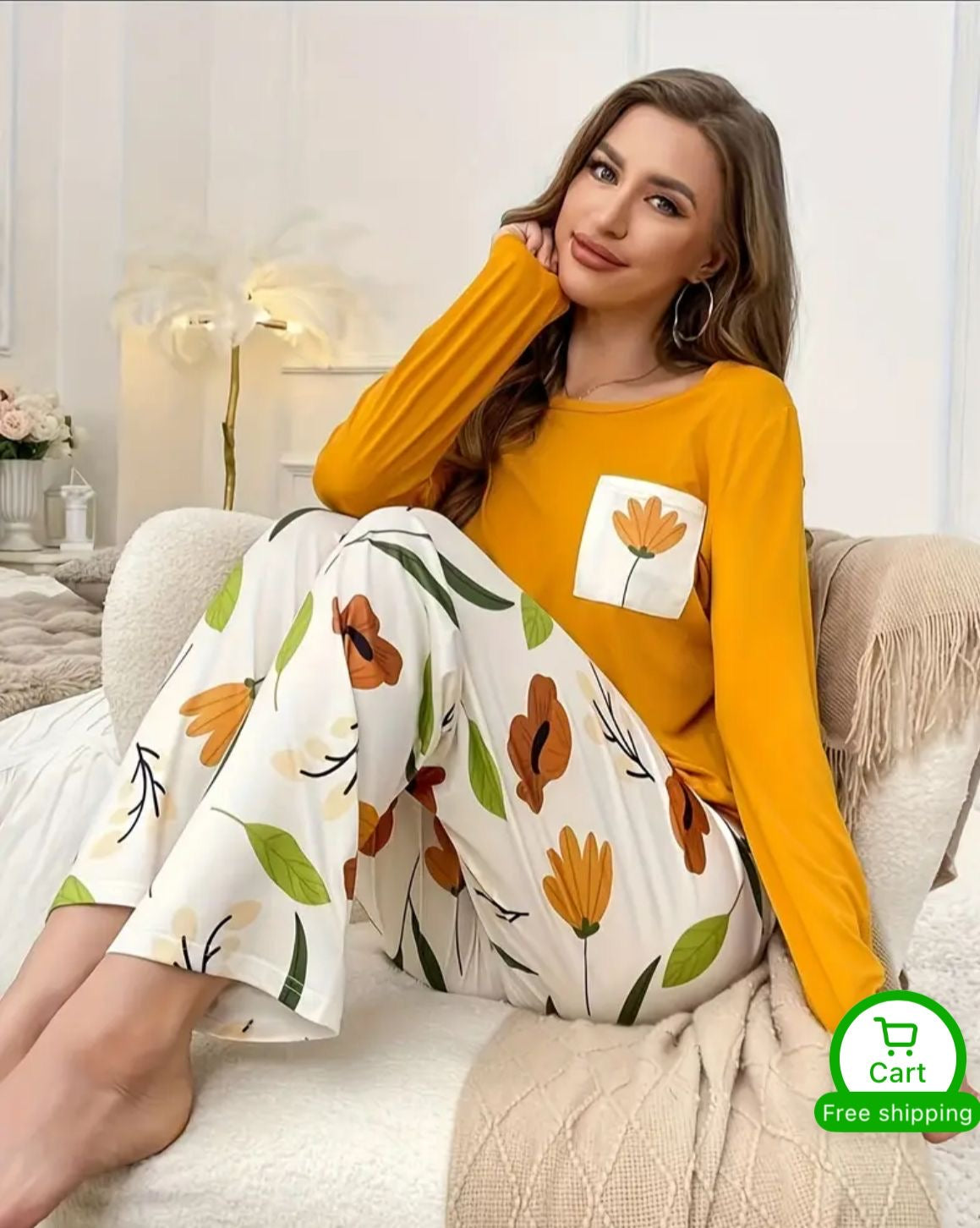 New Orange pocket Printed Full Sleeve Ladies Night Suit Fabic Soft cotton jersey