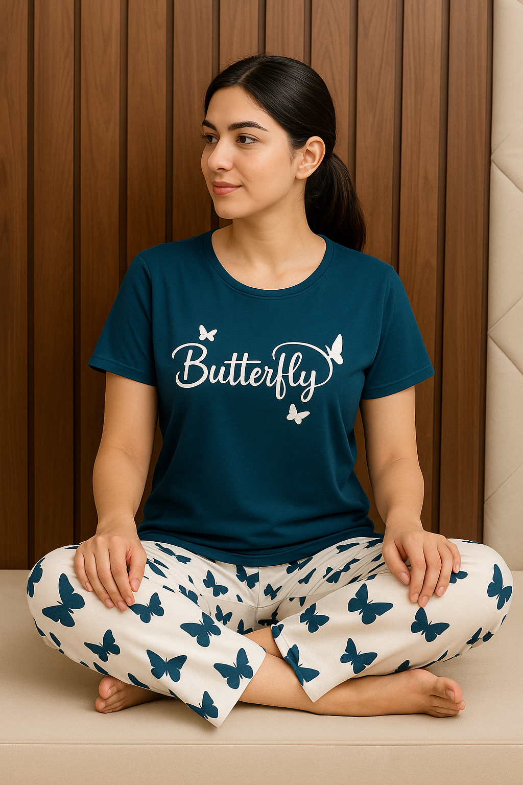 Sailor Blue  Butterfly Printed T-Shirt with Butterfly printed trouser Night wear