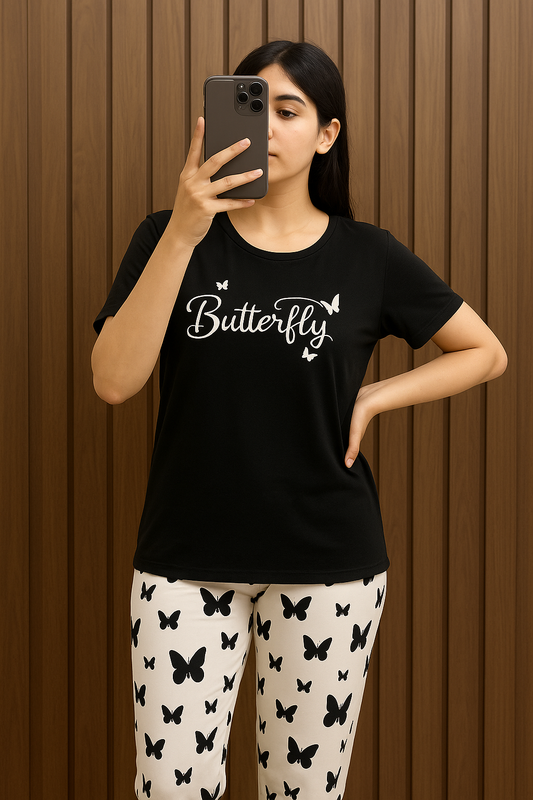 Black Butterfly Printed T-Shirt with Butterfly printed trouser Night wear