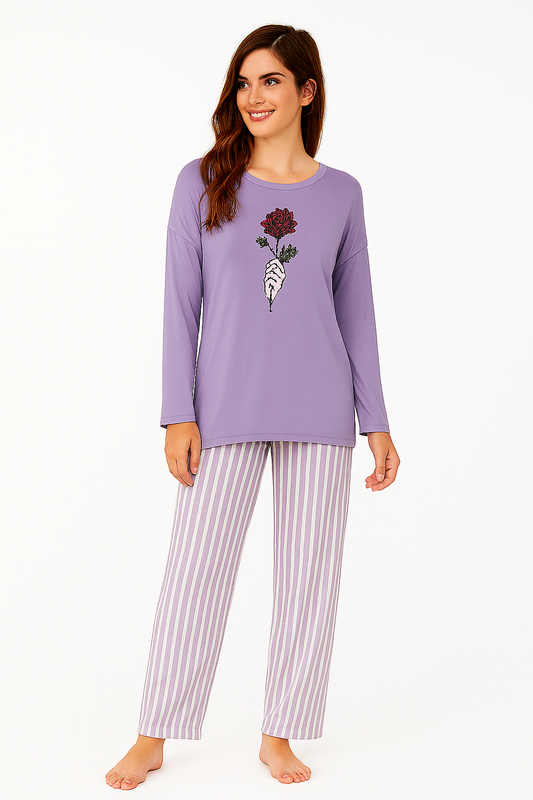 Purple ( Rose Flower) Printed Shirt With Lining Trouser