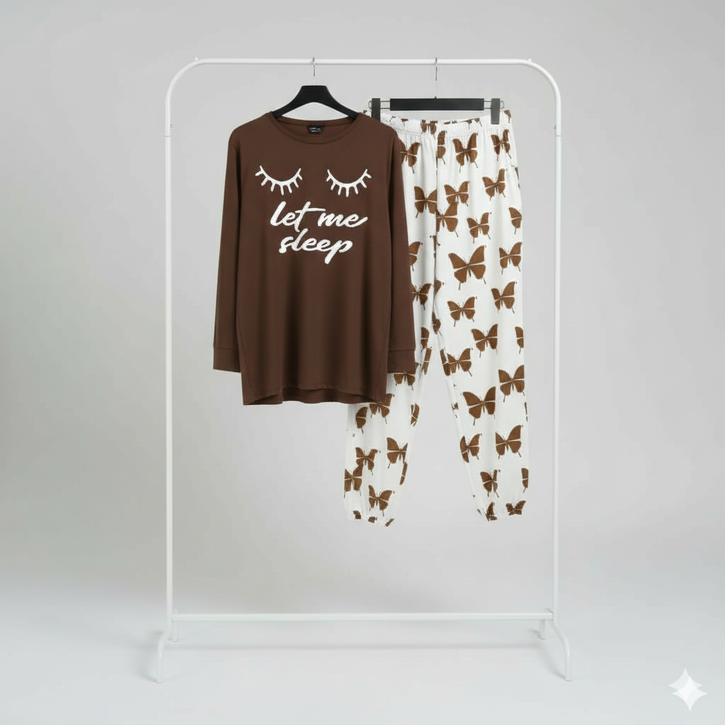 Let me Sleep Printed Brown Shirt With butterfly Printed Trouser