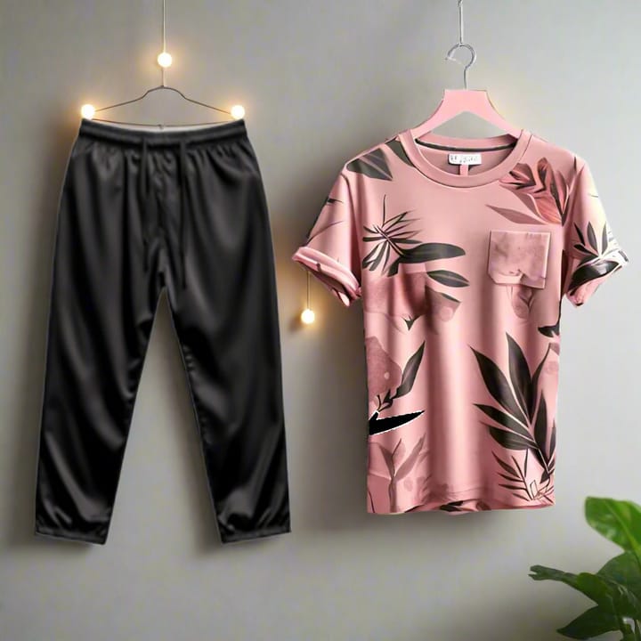 BLUSH LEAF PRINTED SHIRT AND BLACK TROUSER