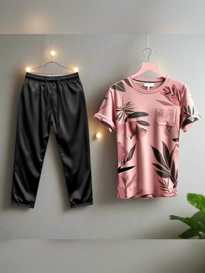 BLUSH LEAF PRINTED SHIRT AND BLACK TROUSER