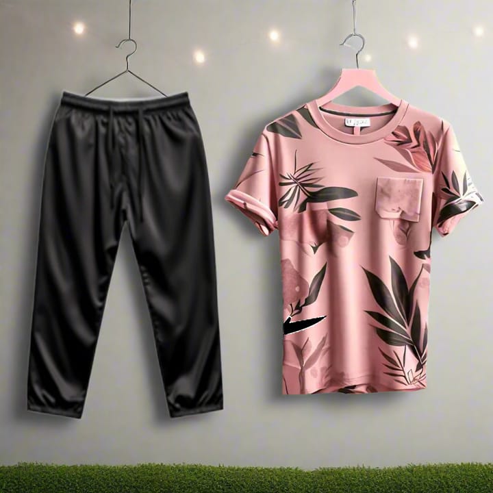 BLUSH LEAF PRINTED SHIRT AND BLACK TROUSER