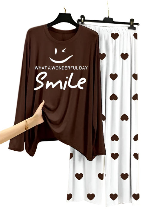 Wonderful day   Printed Brown Shirt  With Heart Printed Trouser