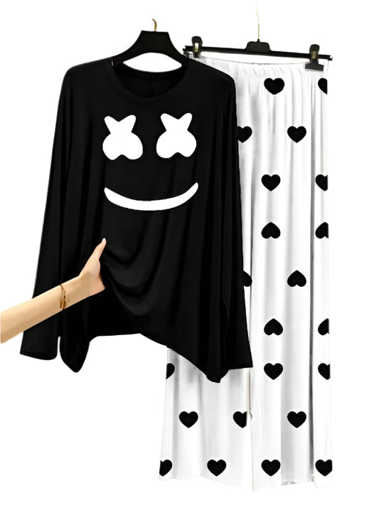 Marshmallow Printed Black Shirt  With Heart Printed Trouser