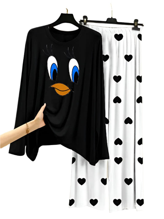 Daffy Duck  Printed Black Shirt  With Heart Printed Trouser