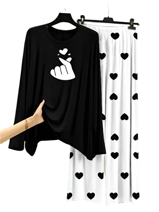Finger Love   Printed Black Shirt  With Heart Printed Trouser
