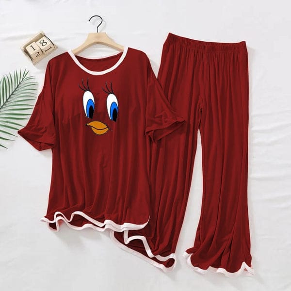 Maroon White Border Daffy  Printed Shirt & Palazzo